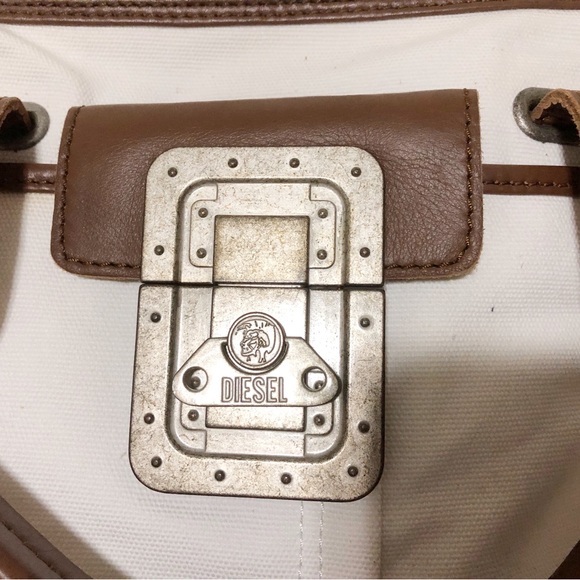 Authentic Diesel White Canvas Leather Distress Hardware Handbag Shoulder Bag - Picture 2 of 13